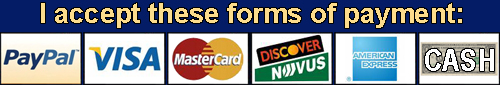 I accept PayPal, Visa, Mastercard, Discover, American Express, and Cash (in person only).